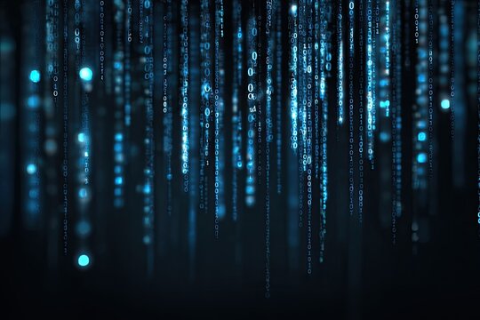 Glowing digital rain of binary code cascades against dark background