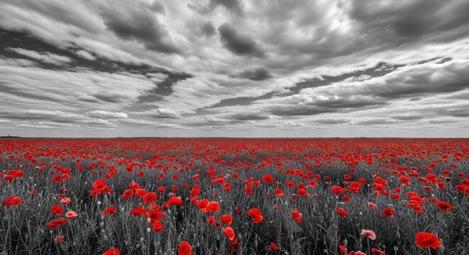A sprawling landscape of vibrant red poppies under a dramatic and moody overcast grey sky