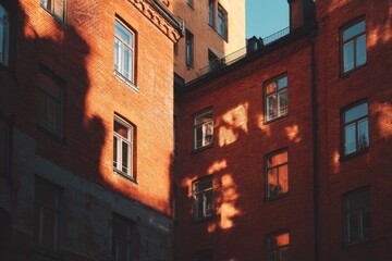 Fototapeta premium Warm sunlight illuminates textured brick buildings with shadows