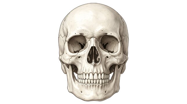 A detailed illustration of a human skull on a white background