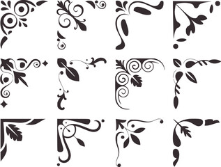 Fototapeta premium Collection of 12 decorative flourish corner accents with leaf motifs white background