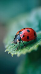 Fototapeta premium A ladybug on a fresh green leaf.