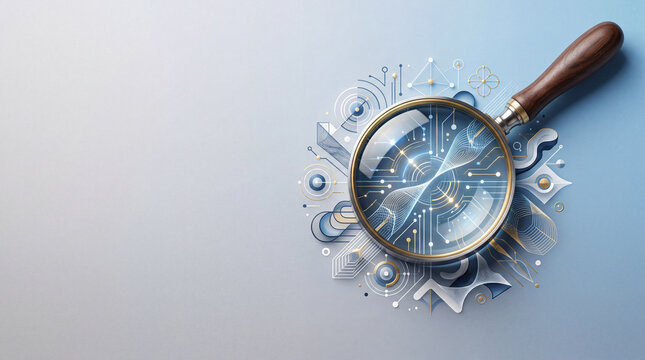 Magnifying Glass with Gears and Symbols on Blue Background