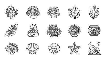 Coral reef 15 icon set seaweed marine flora underwater outline vector © MSTROTNA