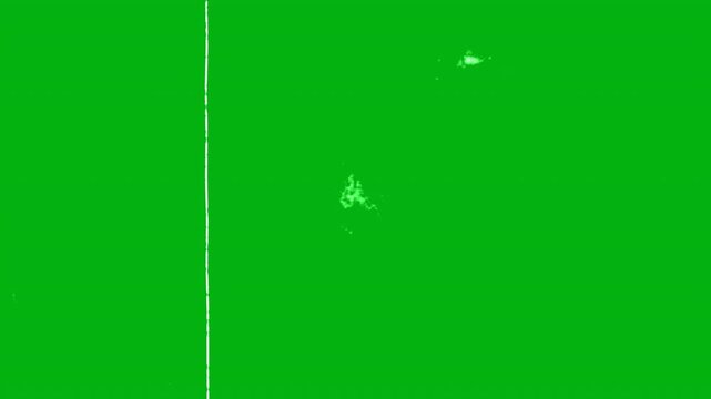 vintage film overlay effect loops continuously across a bright green screen, featuring erratic white scratches and scattered dust particles designed for seamless chroma key compositing workflows 4K