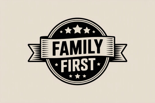 A black and white logo with the words 'Family First' in a circular design with stars and a ribbon