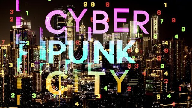 cyberpunk city written with a glitch style font and city