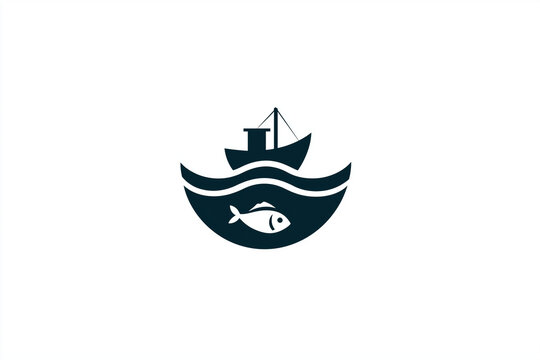 A simple logo with a small boat floating above the water and a fish. Forming part of the wave shape, minimalist linear style.