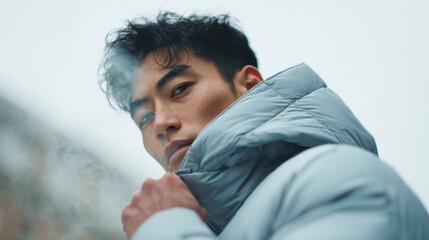 Obraz premium Asian model in a thick down jacket with a hood.