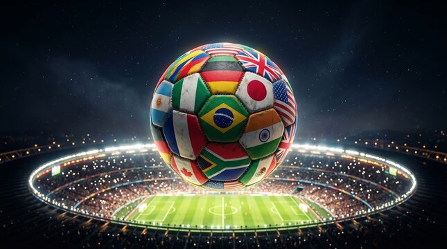 A large soccer ball with various international flags is displayed in a packed stadium at night.