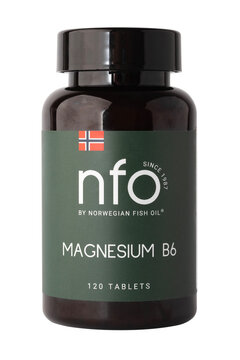 The bottle holds 120 magnesium B6 tablets and is labeled with details on its contents from Norwegian Fish Oil company. It is placed on a white surface