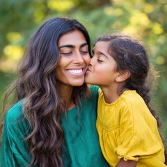 Fototapeta premium Mother female asian young adult with daughter female asian child sharing a kiss outdoors joyful bond sunlit green background warm family moment