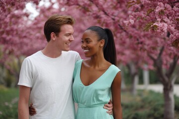 Fototapeta premium Male caucasian young female african young couple smiling beneath pink blossom trees in spring park