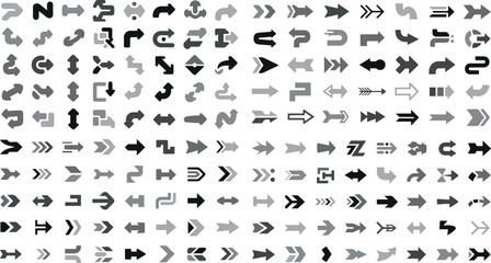 Obraz premium Collection of various grey and black arrows on white background for navigation and direction