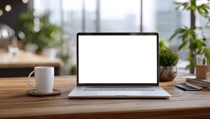 Fototapeta premium Modern laptop on wooden desk with coffee, plants, city view