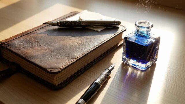 Writing in a notebook with a pen and ink bottle on a wooden table