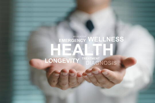 Physicians extend both hands forward on good healthcare, longevity, quality treatment, access to healthcare, empowering medical professionals to revolutionize medicine, and data analytics to improve.