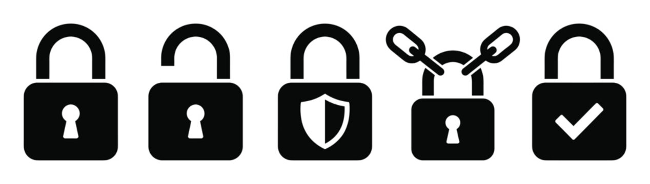 Vector padlock icons showing various security states: locked, unlocked, protected, secure. Ideal for web, app, and UI design elements.