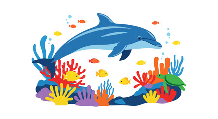 Fototapeta premium Vibrant Dolphin Breaching Above Coral Reef Scene with Tropical Fish and Sea Turtle