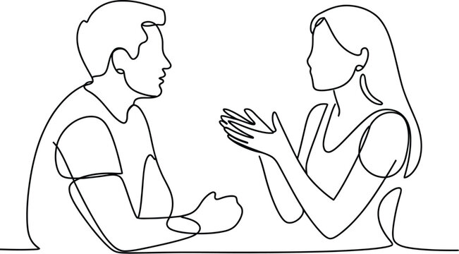 Continuous line drawing of two people in profile facing each other talking vector illustration representing communication dialogue interaction and human connection in modern minimal design concepts.