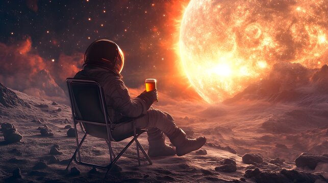 Astronaut relaxing on alien planet with beer and sun