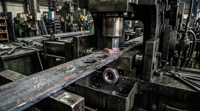 Closeup medium shot capturing thick hex nut blanks being pressed from heavy steel strips emphasizing robustness and mechanical production techniques.