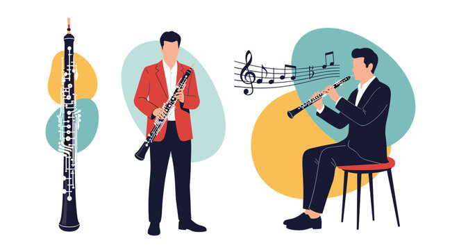 Detailed musical illustration featuring male oboists playing their woodwind instruments in standing and sitting positions.