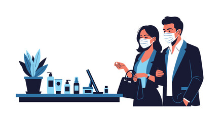 Fototapeta premium Stylish couple wearing face masks while looking at various cosmetics and skincare products on a blue counter with a plant.