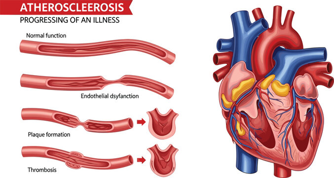 Atherosclerosis Progression Diagram Showing Normal Artery, Endothelial Dysfunction, Plaque Formation, and Thrombosis with Human Heart Vector Illustration