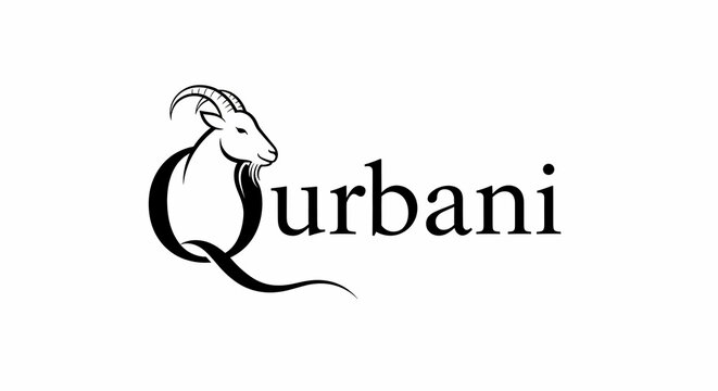 Qurbani logo with goat head illustration, Islamic sacrifice symbol for Eid al-Adha, black and white religious typography on white background