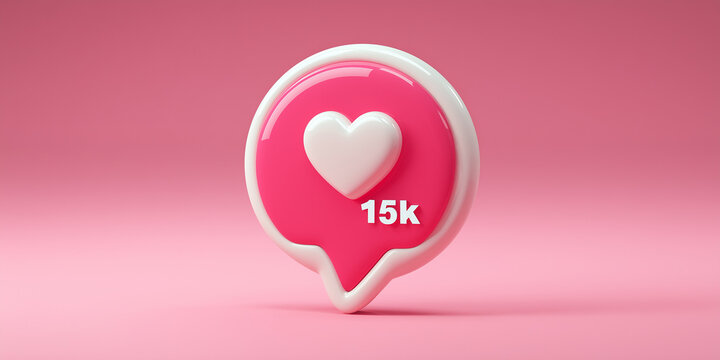 Pink notification bubble displays white heart icon, 15k number. Represents online likes, engagement. Signifies social media approval, reach for content creators. Popular status