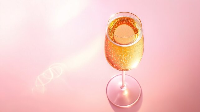 brut. Glass of rose sparkling wine on a pastel pink background, captured from above with soft shadows and studio lighting. bar promotions.