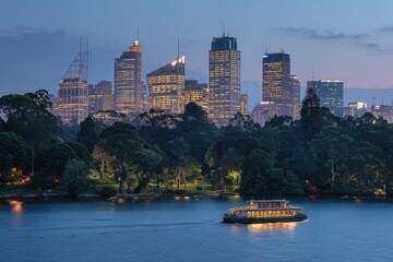 Naklejka premium Illuminated cityscape skyline at dusk with a boat on the water