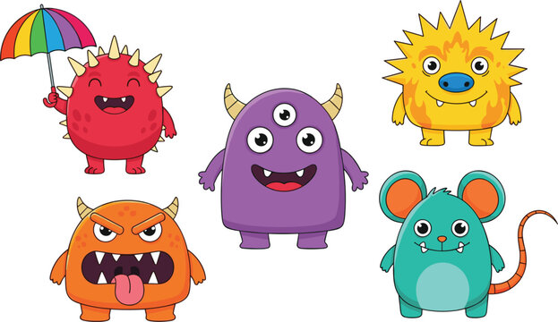 Adorable Colorful Cartoon Monster Set with Three-Eyed Purple Creature, Spiky Red Monster with Rainbow Umbrella and Angry Orange Beast Vector Illustration