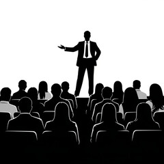 Obraz premium A confident businessman giving a presentation to a large audience in a modern conference setting
