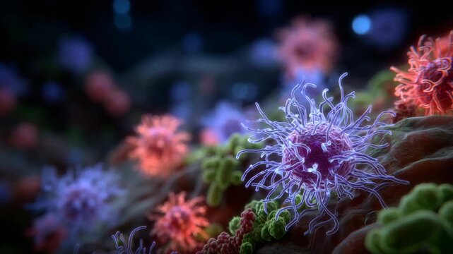 Abstract 3D microscope view of a mixed microbial environment, viruses and bacteria rendered in bright vivid colors, each type clearly distinct, fine structural details visible on s