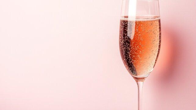 brut. Glass of rose sparkling wine on a pastel pink background, captured from above with soft shadows and studio lighting. bar promotions.