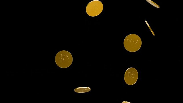 Indian rupees coins rain with Alpha Channel. Gold Coins Exploding Isolated Screen 3D. Business and Currency Concept Gold Coin Spinning in the Air Overlay Animation.