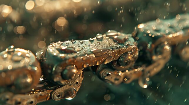 Close up view of a metallic motorcycle chain highlighting its intricate design and texture