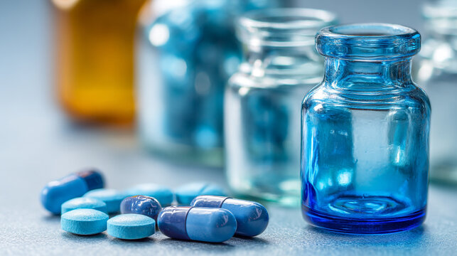 Mixed blue pills and glass bottles on a table in a clinical setting during daylight hours