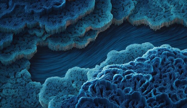 Abstract, textured surfaces in shades of blue with flowing lines