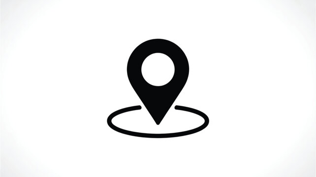 A black map pin icon on a white background with a circular outline