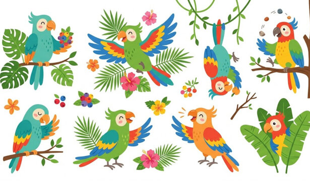 Cute Cartoon Parrots Set with Tropical Leaves Children Style Vector Illustration