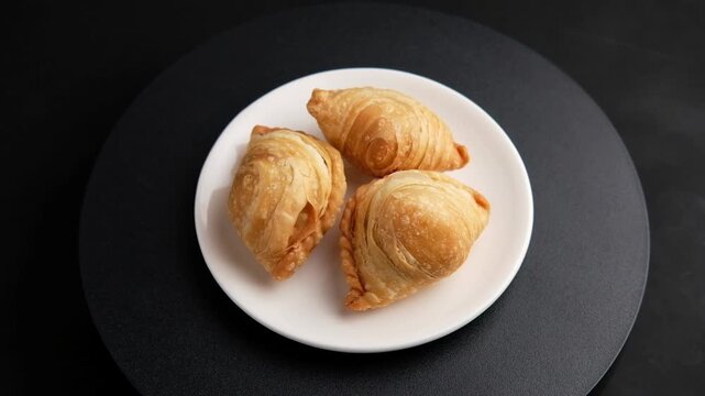 Curry puff in white plate,Deep fried curry dumpling (with meat or vegetable snuffing).asian food