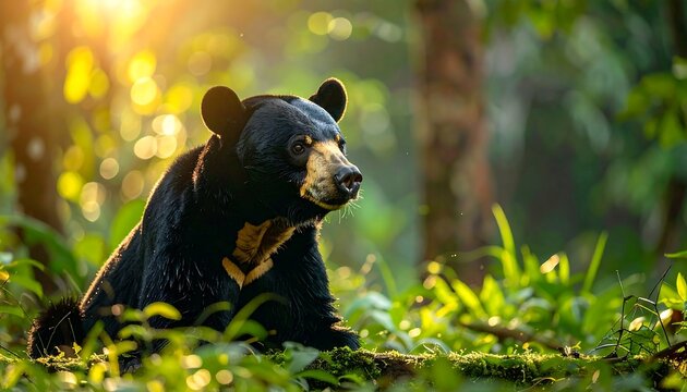 A sun bear, with shiny black fur and distinctive tan markings, rests in a lush, green jungle. Sunlight streams through the foliage