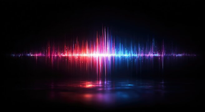 A vibrant, pulsing audio equalizer with bright red and blue light streaks on a dark background