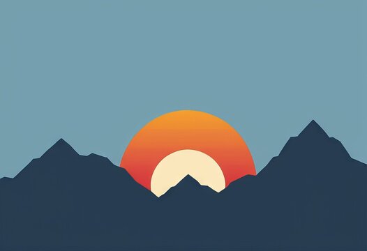 Flat illustration of a retro sun setting behind mountain ranges