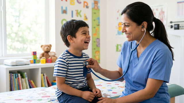 Friendly female pediatrician using a stethoscope on a smiling young boy in a clinic
