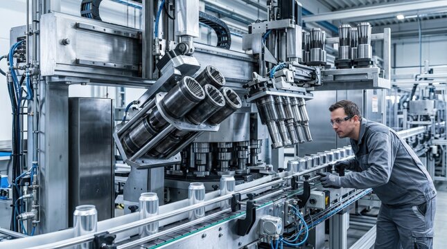 Dynamic medium shot showcasing tool changeover on a flanging line emphasizing efficiency in switching between necking tools for varied can sizes and flange designs.