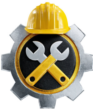 Mechanic tools emblem hardhat safety helmet crossed wrenches gear badge durable construction yellow steel